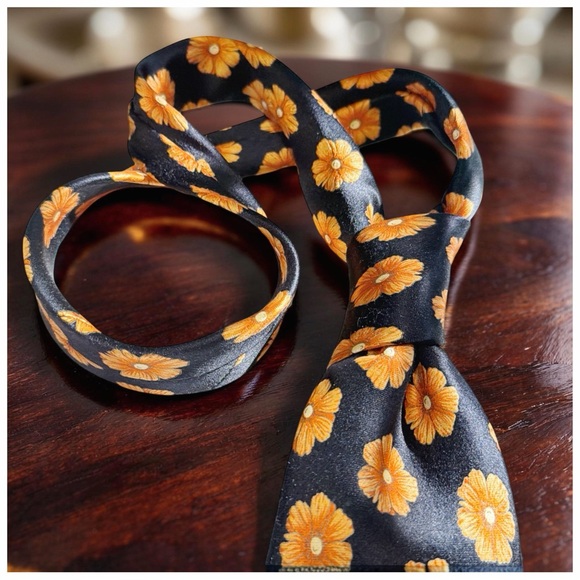 Bijan Black Silk Floral Tie - Orange Daisy Print | Statement Luxury Neckwear - Picture 13 of 15